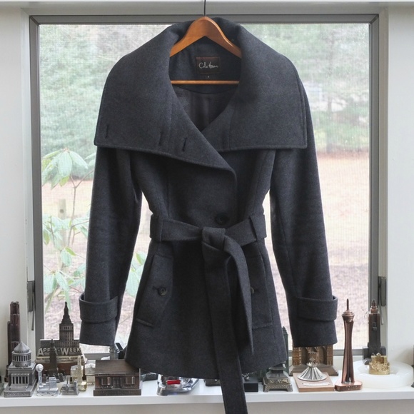 Cole Haan Oversized Collar Wool Flannel Pea Coat - Picture 2 of 4